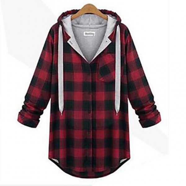 Women's Check Red / Gray Hoodies , Sexy / Plus Siz...